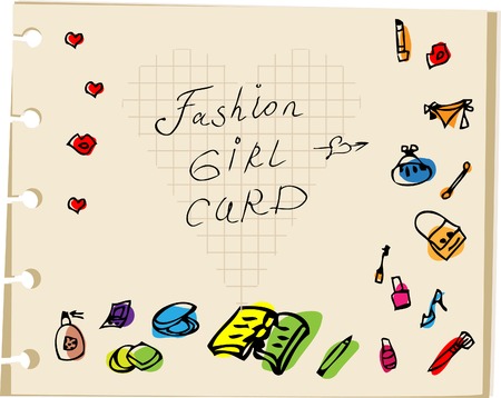 Fashion woman fake paper, glamour note, retro style background with cosmetic female accessories icons setの写真素材