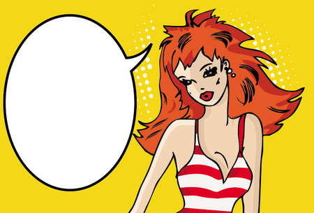 Pop art comics girl in bikini talking thoughtful