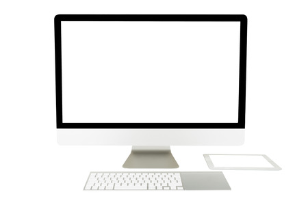 Computer display with a blank screen and a wireless keyboard on a white background