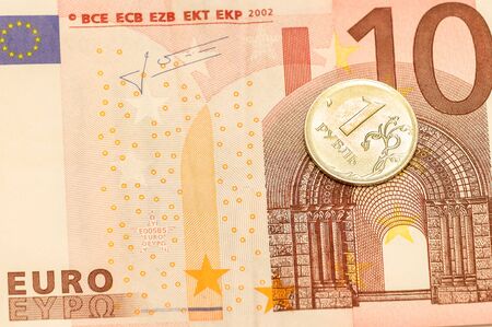 Ten euro and ruble closeupの写真素材
