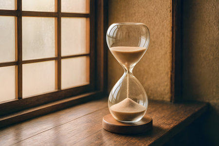 Hourglass with sand running through the glass, time passing concept.の素材
