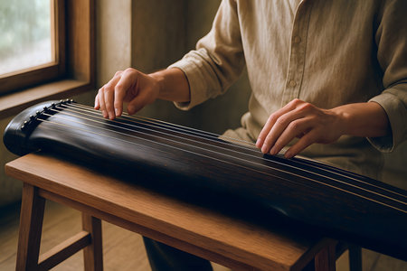 Hands of a young woman playing the harp on a wooden tableの素材
