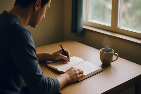 Man writing in notebook with cup of coffee on table at home.の素材