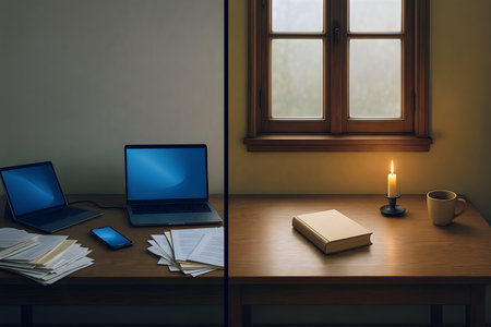 Split screen of laptop, coffee cup and books on a wooden table in front of a windowの素材
