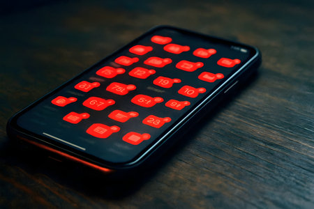 Smartphone with red lights on the screen. Close-up.の素材