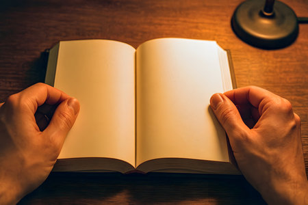 A man's hand is holding a book on a wooden table.の素材