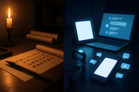 Smartphone and laptop with blank screen on table in dark room. Communication concept.の素材