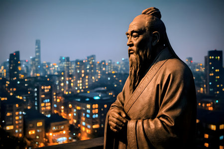 Statue of a man against a city backdropの素材