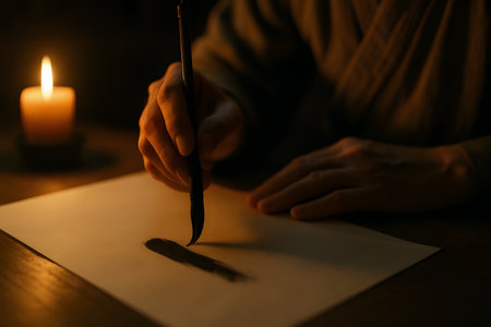 Man writing letter with pen at table in darkness, closeup viewの素材