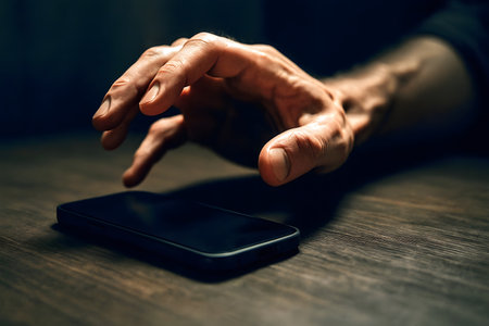 Hands of a man using a mobile phone on a wooden tableの素材