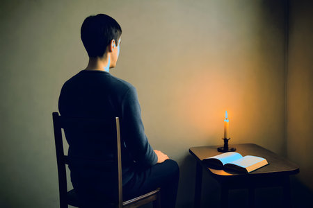 Young man sitting at the table and reading a book with candle in the backgroundの素材