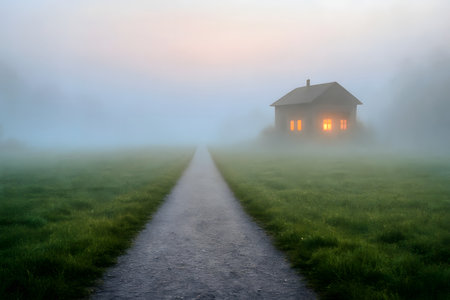 Lonely house in a foggy meadow at sunrise.の素材