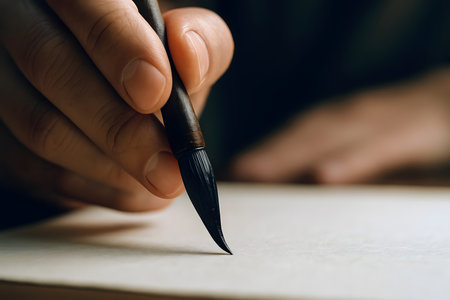 Close up of a hand with a black pen writing in a notebookの素材