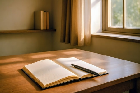 Open notebook with pen on wooden table in hotel room, stock photoの素材