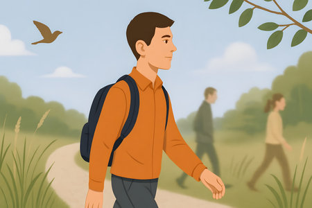 Vector illustration of a man walking in a park with a backpack.の素材