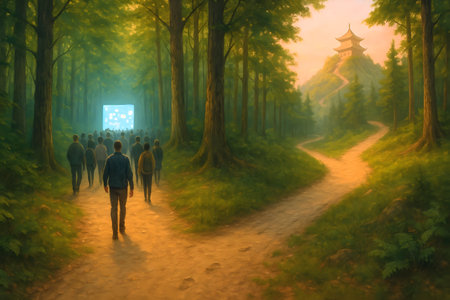 Huge group of people walking in the forest with big screen in the backgroundの素材