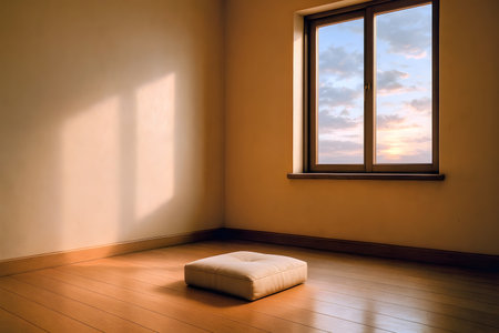 Interior of a room with a sofa and a window at sunsetの素材