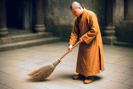 Buddhist monk sweeping the temple floor with broomの素材