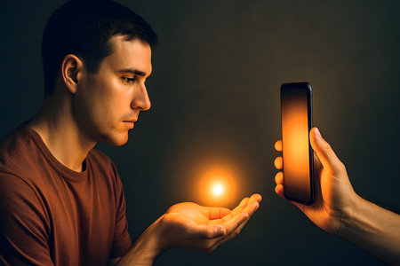 A man in a brown T-shirt holds a smartphone in his hands and looks at the screen on a dark backgroundの素材