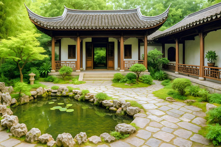 Beautiful Chinese garden with pond and pavilion in the park.の素材