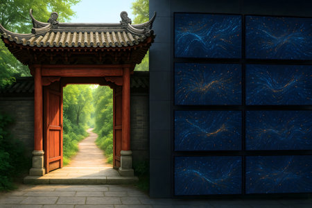 Chinese ancient temple gate with dark blue sky backgroundの素材