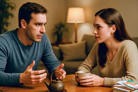 Young couple drinking tea at home. Man and woman looking at each other.の素材