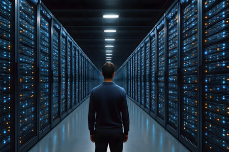Businessman standing in data center and looking at the server room.の素材