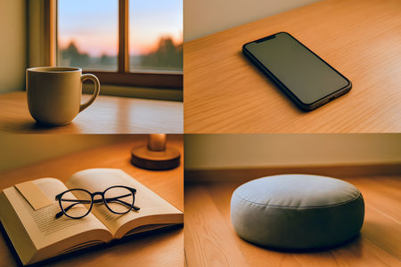 Collage of a cup of coffee, book, eyeglasses and smart phoneの素材