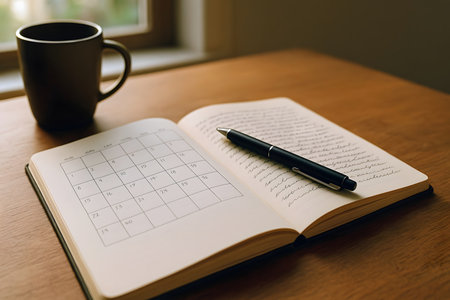 Calendar page and coffee cup on wood table in morning time.の素材