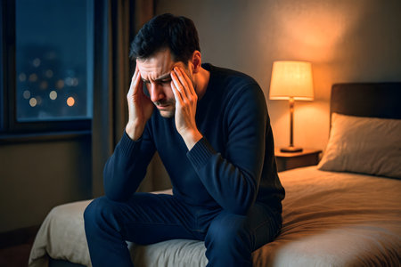 Person sitting alone on bed edge in dimly lit bedroom contemplating social interactions with head in handsの素材