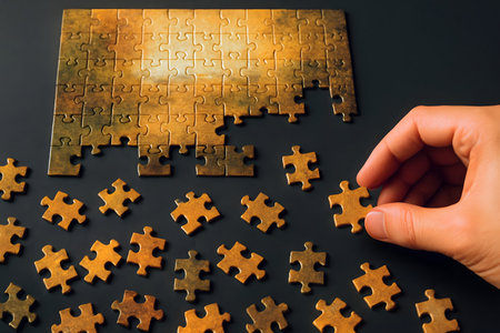 Wooden jigsaw puzzle partially completed with scattered pieces and hand contemplating placementの素材