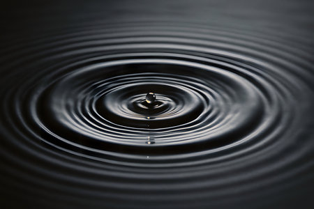 Single water droplet creating expanding concentric ripples on still dark water surfaceの素材