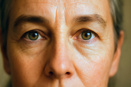 Close-up of observant mature eyes showing wisdom kindness and genuine seeingの素材