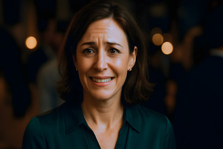 Professional woman at social gathering with polite but strained smile showing subtle discomfortの素材