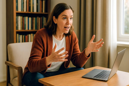 Woman in rust cardigan sitting forward in armchair gesturing enthusiastically with bookの素材