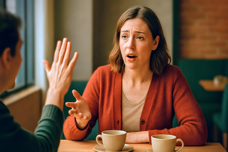 Woman being interrupted mid-sentence at cafe with surprised expressionの素材