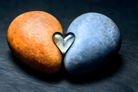 Two river stones touching at single point with water droplet connecting themの素材