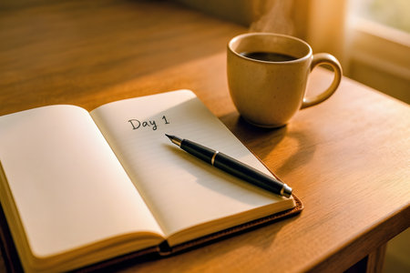 Fresh journal opened to Day 1 with pen and steaming morning coffeeの素材