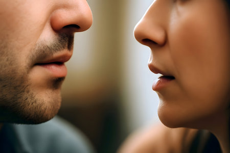 Close-up of two faces showing microsecond hesitation between speaking and respondingの素材