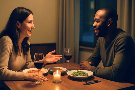 Dinner conversation between two engaged people with shared meal and equal participationの素材