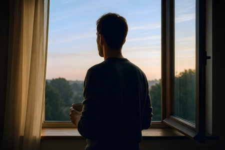 Person at window looking out at morning sunrise in contemplative forward-looking postureの素材