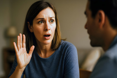 Person mid-conversation catching themselves with expression of real-time self-awarenessの素材