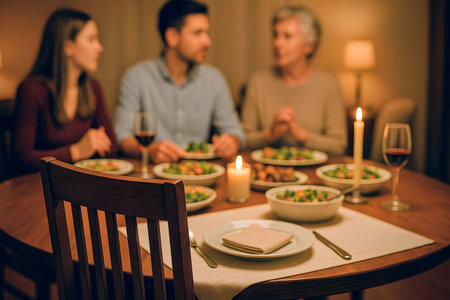 Empty chair at set dinner table with three people conversing in backgroundの素材