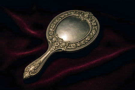 Ornate antique silver hand mirror face-up on burgundy velvet catching lightの素材