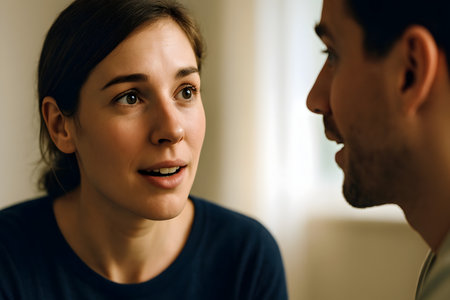 Close-up profiles of two faces in moment of vulnerable inquiry and receptive responseの素材