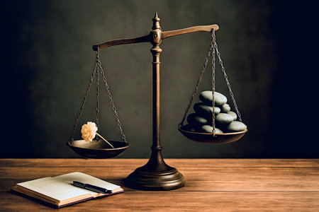 Balance scale dramatically tipped with multiple stones versus single light objectの素材