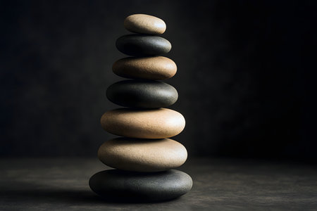 Seven smooth river stones carefully balanced in vertical cairn on dark slateの素材