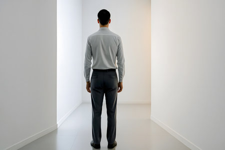 Person standing at crossroads in minimalist interior with dramatic side lightingの素材