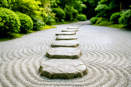 Traditional Chinese garden stone path with raked gravel patternsの素材