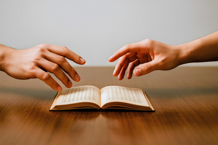 Two hands almost touching across polished wooden table surfaceの素材